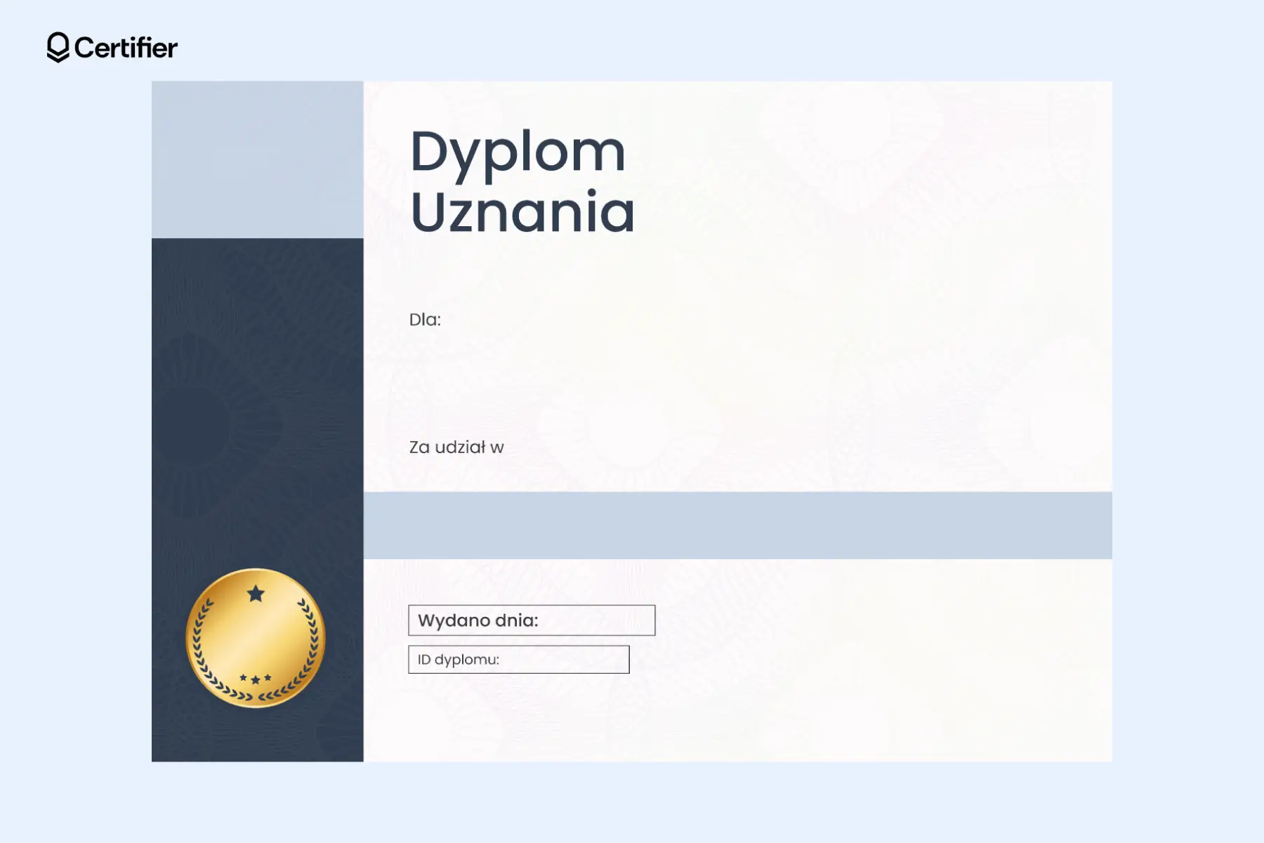 Dyplom pusty uznania z granatowym bocznym panelem, złotą pieczęcią i sekcjami na dane uczestnika, datę certyfikacji i numer ID. Dyplom pusty uznania z granatowym bocznym panelem, złotą pieczęcią i sekcjami na dane uczestnika, datę certyfikacji i numer ID.