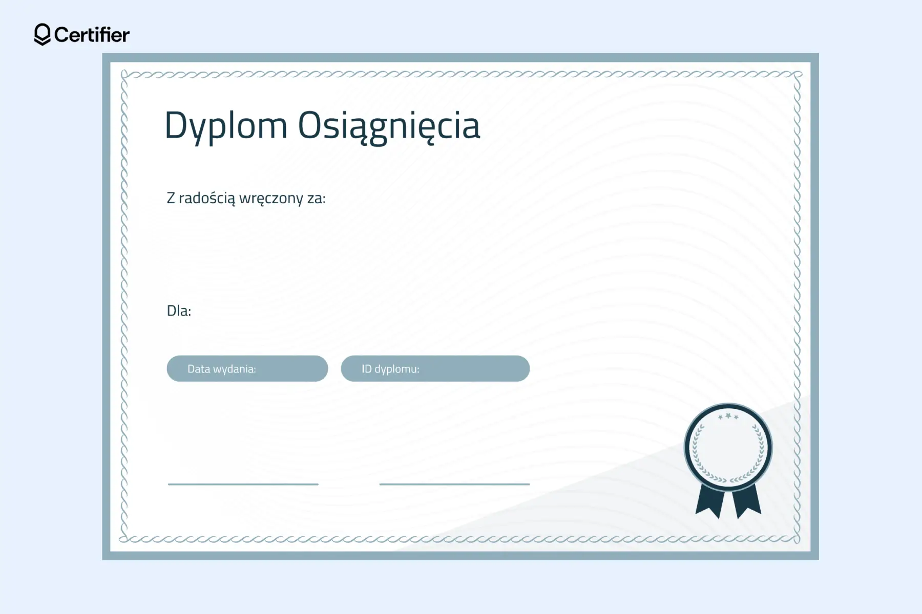 Edytowalny dyplom pusty dla dzieci do pobrania za darmo z jasnoniebieską ramką i polami na datę certyfikacji, numer ID i dane odbiorcy. Edytowalny dyplom pusty dla dzieci do pobrania za darmo z jasnoniebieską ramką i polami na datę certyfikacji, numer ID i dane odbiorcy.