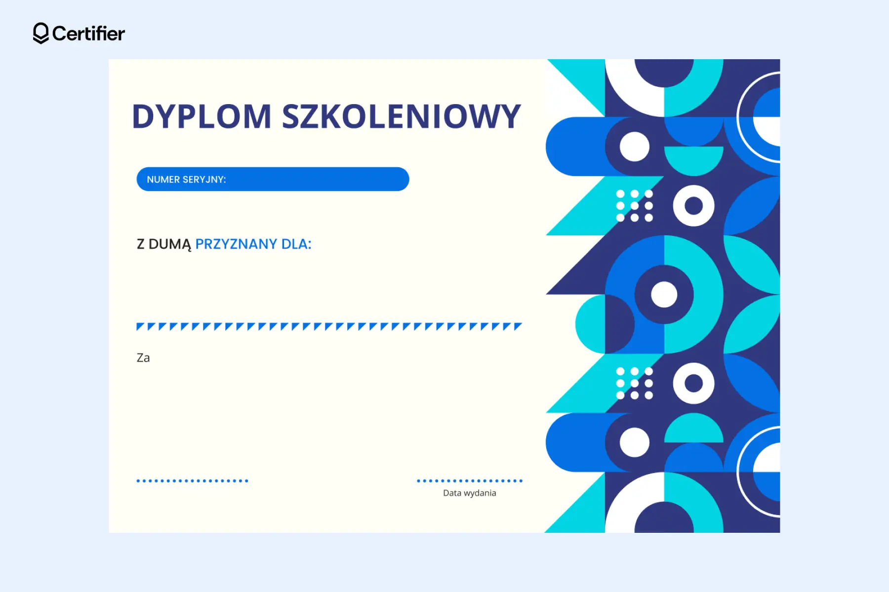 Pusty dyplom do wydruku i do pobrania za darmo, przeznaczony na szkolenia – z geometrycznym niebieskim bokiem i polami na imię odbiorcy, cel, numer seryjny i datę wystawienia. Pusty dyplom do wydruku i do pobrania za darmo, przeznaczony na szkolenia – z geometrycznym niebieskim bokiem i polami na imię odbiorcy, cel, numer seryjny i datę wystawienia.