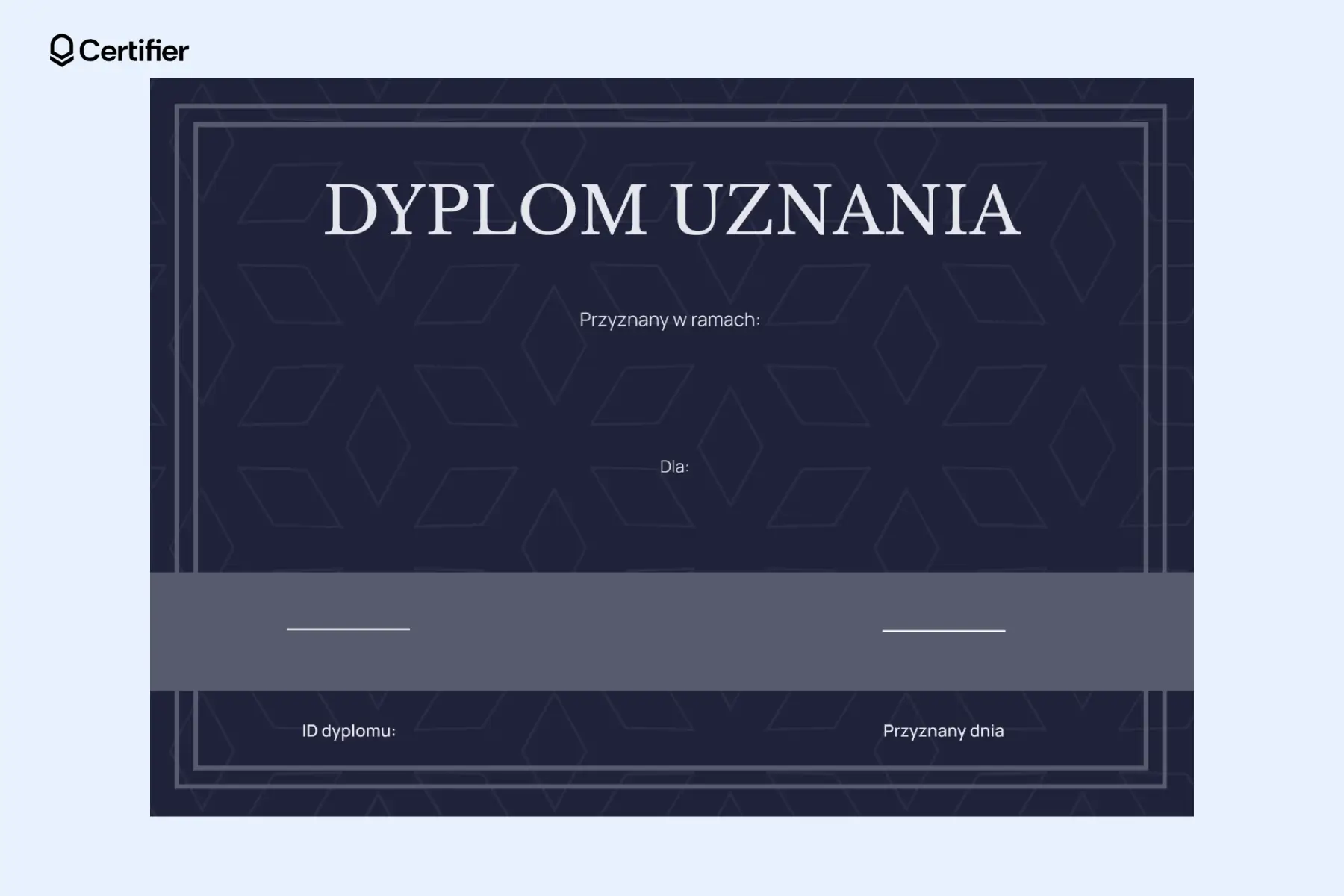 Ciemny dyplom pusty do druku z polami na imię odbiorcy, cel nagrody, numer ID i datę przyznania. Ciemny dyplom pusty do druku z polami na imię odbiorcy, cel nagrody, numer ID i datę przyznania.