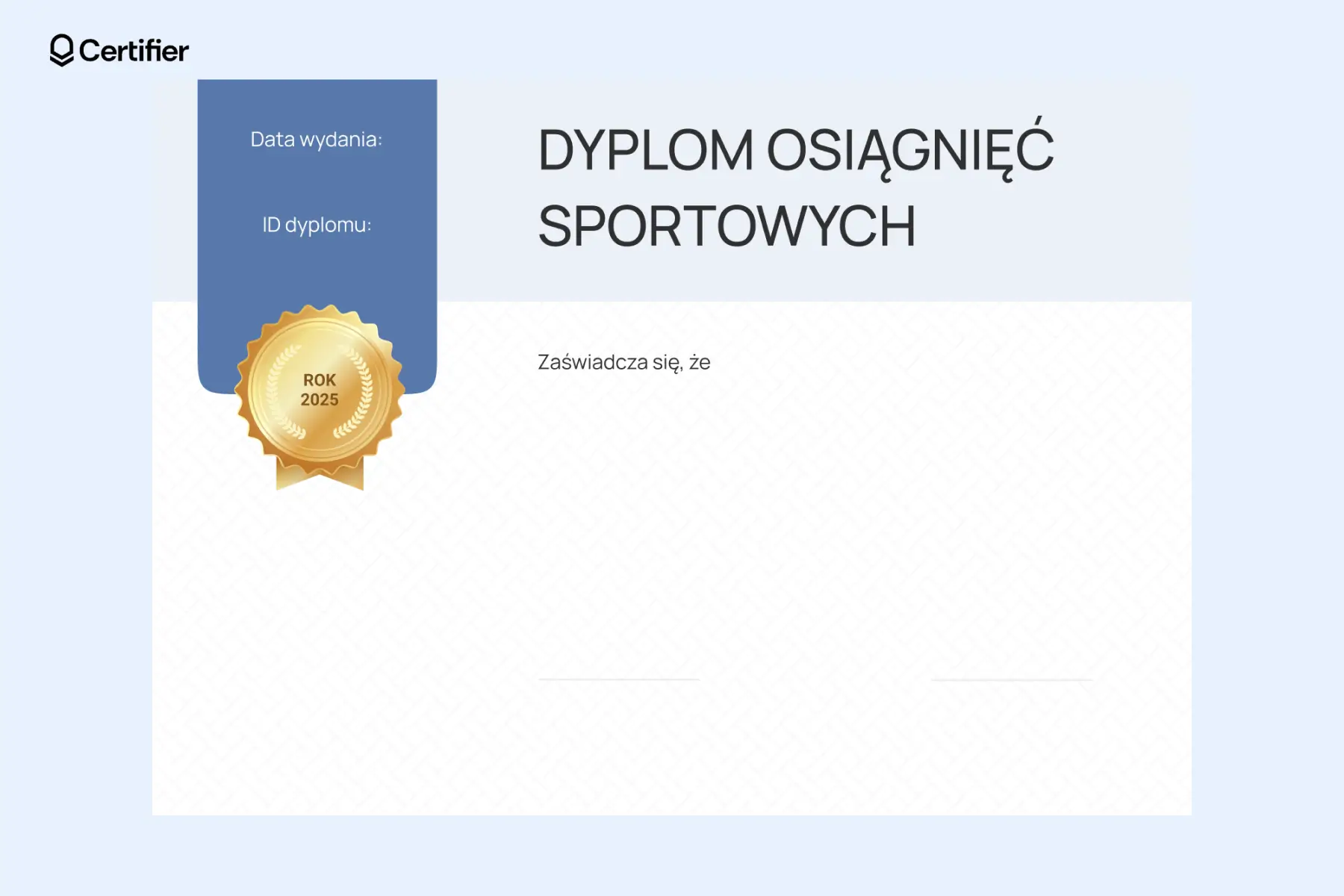 Dyplom za udział w konkursie pusty i gotowy do druku oraz pobrania za darmo, przeznaczony na osiągnięcia sportowe; ten dyplom pusty sport jest ze złotą pieczęcią i polami na szczegóły wydarzenia, datę wydania i numer dyplomu. Dyplom za udział w konkursie pusty i gotowy do druku oraz pobrania za darmo, przeznaczony na osiągnięcia sportowe; ten dyplom pusty sport jest ze złotą pieczęcią i polami na szczegóły wydarzenia, datę wydania i numer dyplomu.