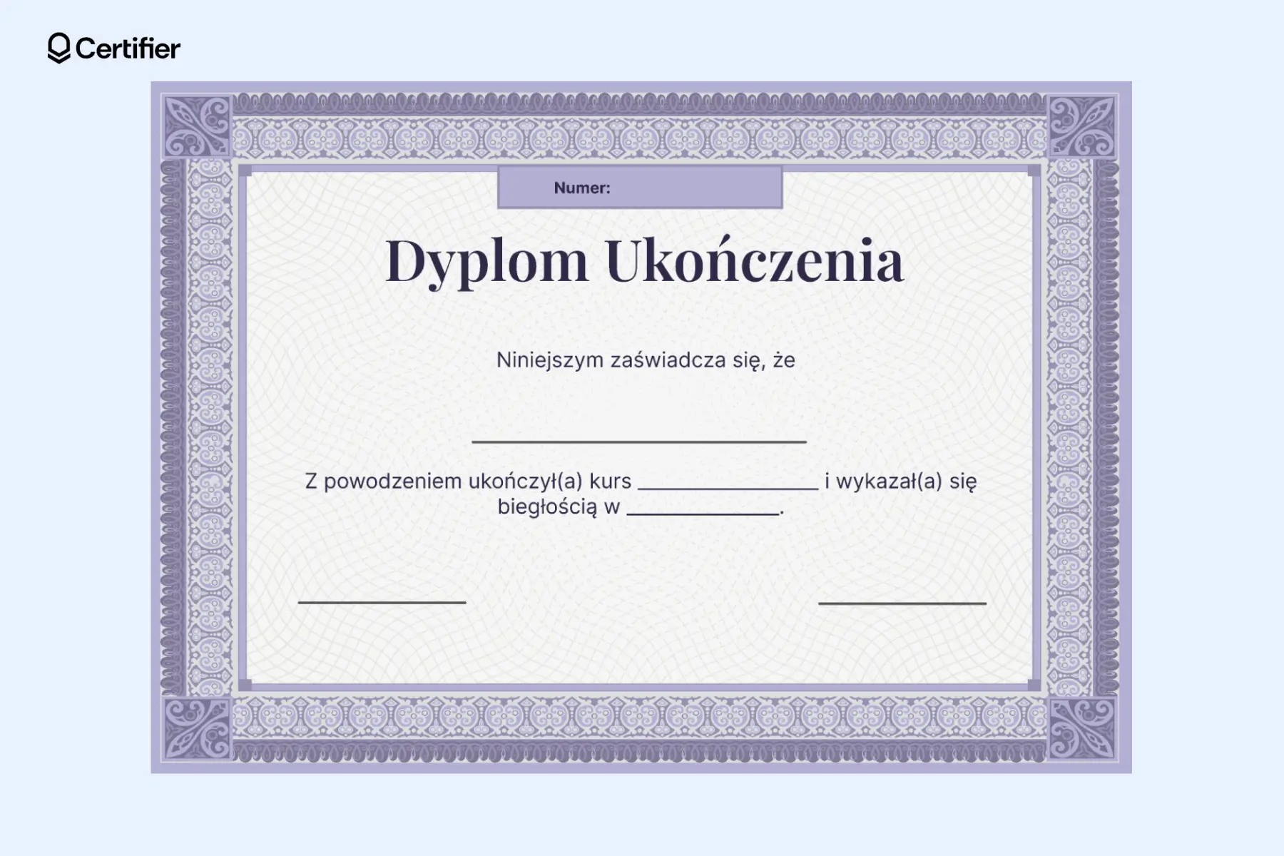 Fioletowy pusty dyplom uczestnictwa z dekoracyjną ramką, zawierający pola na nazwę kursu, obszar kompetencji i podpisy. Fioletowy pusty dyplom uczestnictwa z dekoracyjną ramką, zawierający pola na nazwę kursu, obszar kompetencji i podpisy.