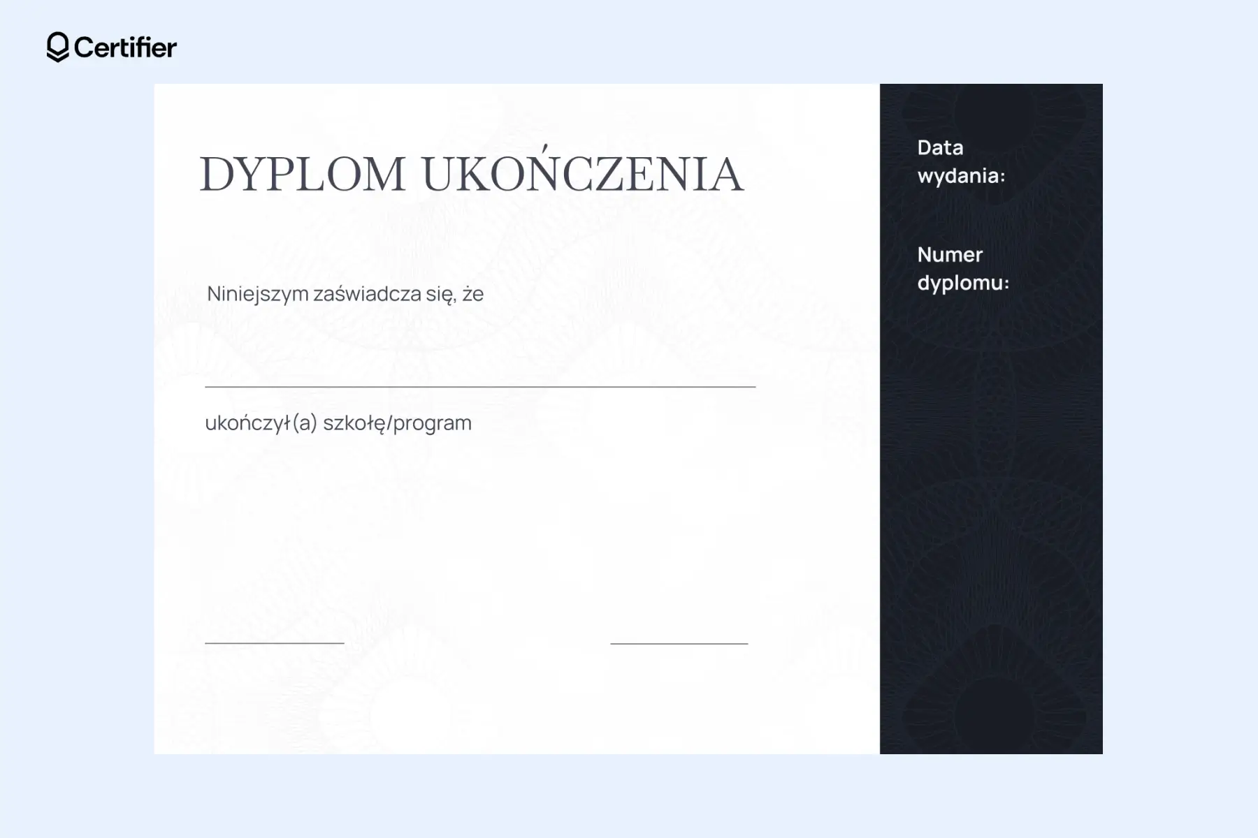 Dyplom pusty ukończenia kursu lub szkolenia z ciemnym panelem bocznym i polami na imię absolwenta, nazwę instytucji, numer dyplomu i datę wystawienia. Dyplom pusty ukończenia kursu lub szkolenia z ciemnym panelem bocznym i polami na imię absolwenta, nazwę instytucji, numer dyplomu i datę wystawienia.