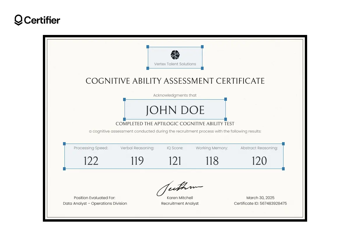 Beige and black IQ certification template with five horizontal metrics and a large name field, ideal for HR or corporate assessments. Beige and black IQ certification template with five horizontal metrics and a large name field, ideal for HR or corporate assessments.