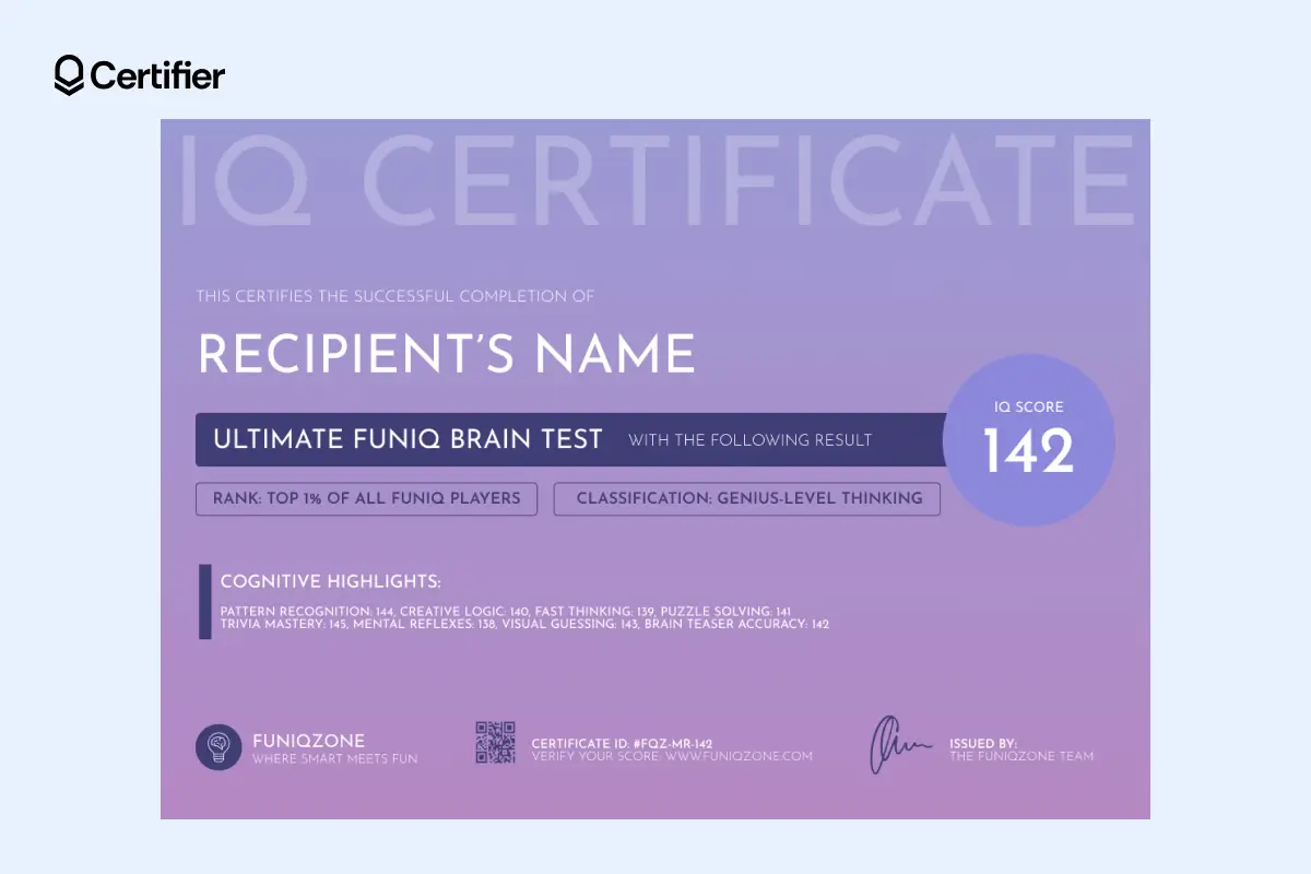 Lavender IQ test certificate template with bold headers and central score badge, perfect for quality online quizzes or gamified tests. Lavender IQ test certificate template with bold headers and central score badge, perfect for quality online quizzes or gamified tests.