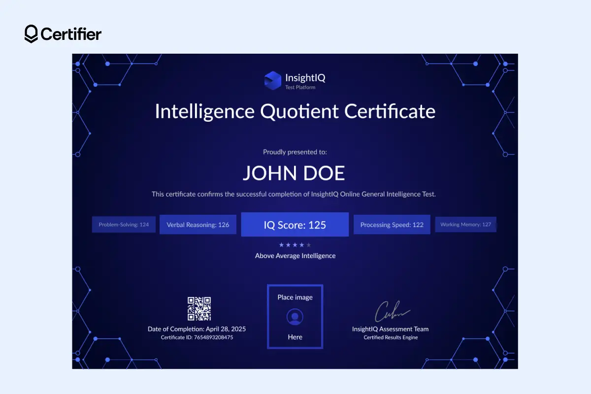 Blue tech-themed free IQ certificate template with hexagon icons and user photo slot, designed for visual-based IQ testing platforms. Blue tech-themed free IQ certificate template with hexagon icons and user photo slot, designed for visual-based IQ testing platforms.