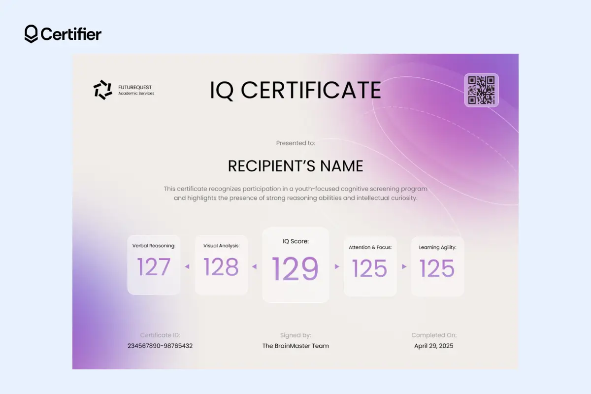 Purple gradient IQ certificate template with boxed sub-scores and centered text, ideal for academic or youth-focused assessments. Purple gradient IQ certificate template with boxed sub-scores and centered text, ideal for academic or youth-focused assessments.