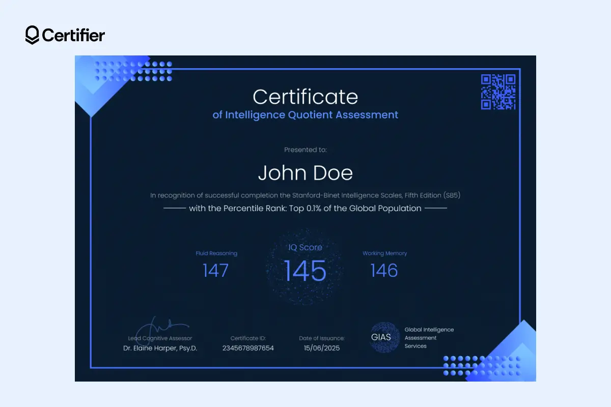Dark IQ certificate template with Stanford-Binet references and layered details, used by testing institutions or IQ societies. Dark IQ certificate template with Stanford-Binet references and layered details, used by testing institutions or IQ societies.