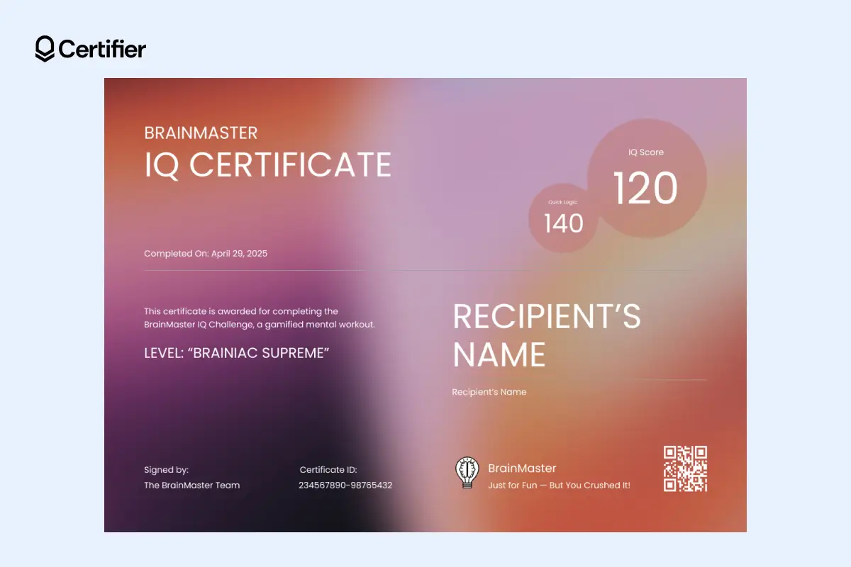 Sunset-colored free IQ certificate template with circular score visuals and playful titles, great for informal team business challenges or games. Sunset-colored free IQ certificate template with circular score visuals and playful titles, great for informal team business challenges or games.