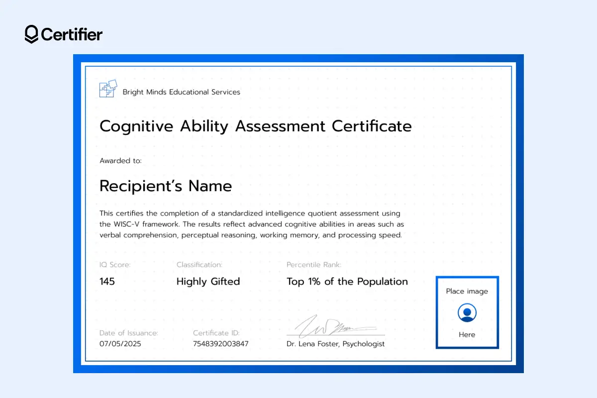 Minimal white editable IQ certificate template with grid layout and photo space, built for school psychologists or formal evaluations. Minimal white editable IQ certificate template with grid layout and photo space, built for school psychologists or formal evaluations.