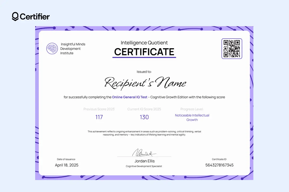 IQ certificate template with year-to-year score comparison and soft purple border, perfect for edtech and learning platforms. IQ certificate template with year-to-year score comparison and soft purple border, perfect for edtech and learning platforms.