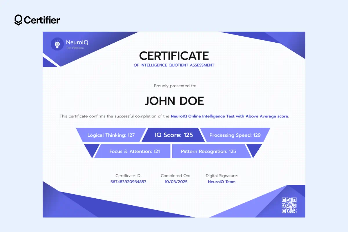 Futuristic IQ test certificate template with triangle-based layout and core metric zones, suited for AI-led assessments or logic tests. Futuristic IQ test certificate template with triangle-based layout and core metric zones, suited for AI-led assessments or logic tests.