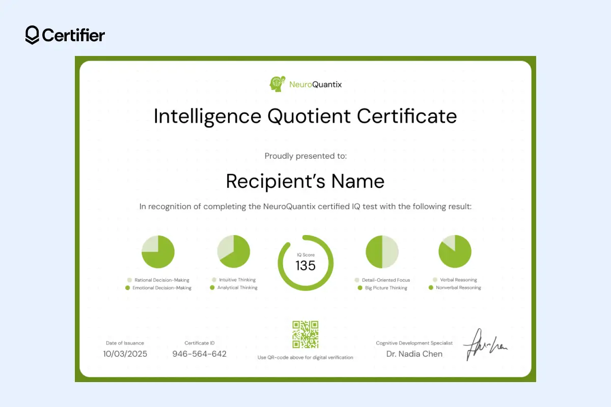 Green and white editable IQ certificate template with visual score charts for key abilities, ideal for logic and decision-making assessments. Green and white editable IQ certificate template with visual score charts for key abilities, ideal for logic and decision-making assessments.