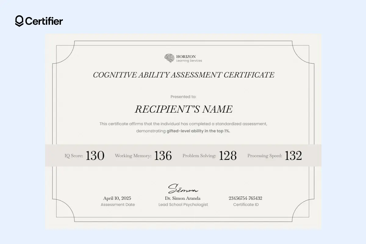Classic beige IQ test certificate template with serif fonts and clean sectioning, great for formal printed documentation in education. Classic beige IQ test certificate template with serif fonts and clean sectioning, great for formal printed documentation in education.