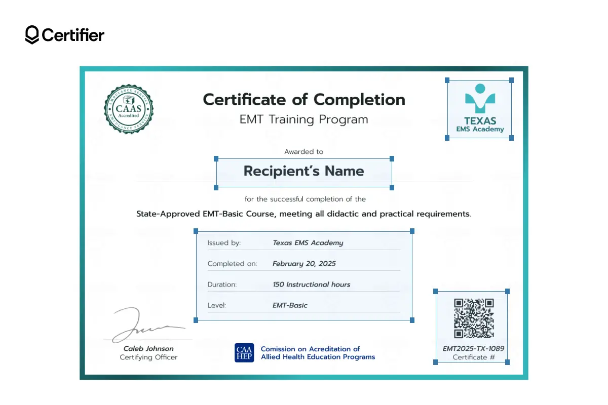 EMT certificate template free download with teal border and QR code for quick EMT certificate verification after course completion. EMT certificate template free download with teal border and QR code for quick EMT certificate verification after course completion.