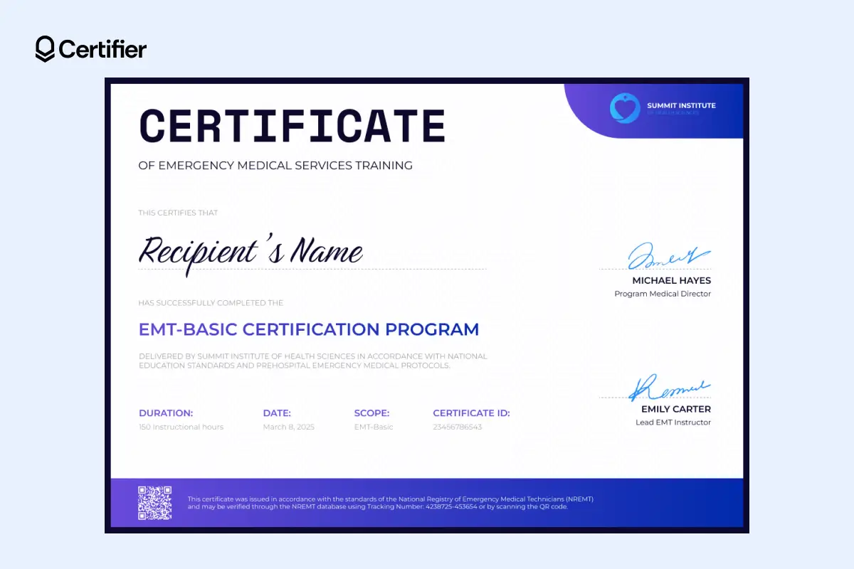EMS certificate template Word showing scope, hours and signatures, ideal for customisation as an EMT certificate template. EMS certificate template Word showing scope, hours and signatures, ideal for customisation as an EMT certificate template.