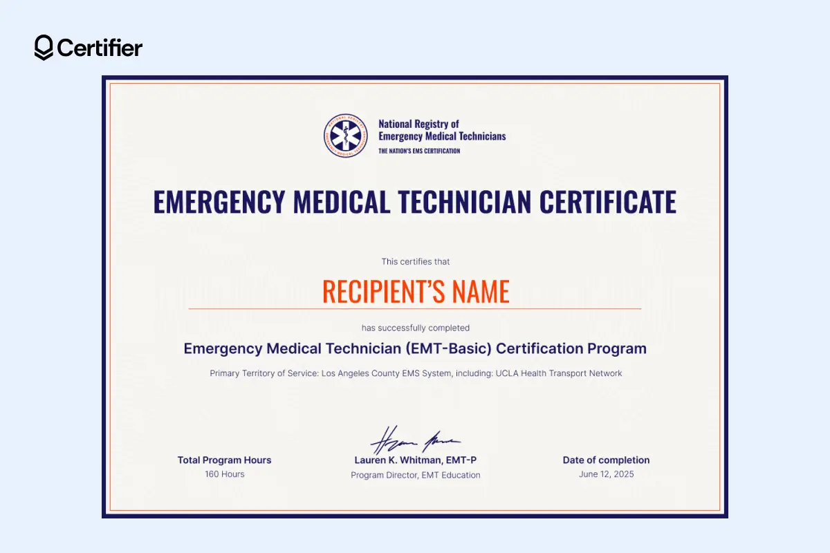 Modern editable EMT certificate sample with orange recipient name and completion date, designed for EMT-Basic certification programs. Modern editable EMT certificate sample with orange recipient name and completion date, designed for EMT-Basic certification programs.