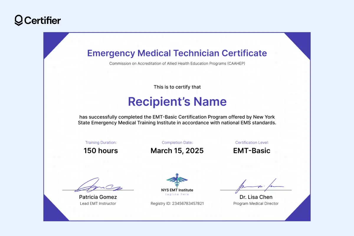 Purple-toned EMT certificate template free download showing training hours, date and EMT-Basic level completion section; ready for EMT certificate verification checks. Purple-toned EMT certificate template free download showing training hours, date and EMT-Basic level completion section; ready for EMT certificate verification checks.