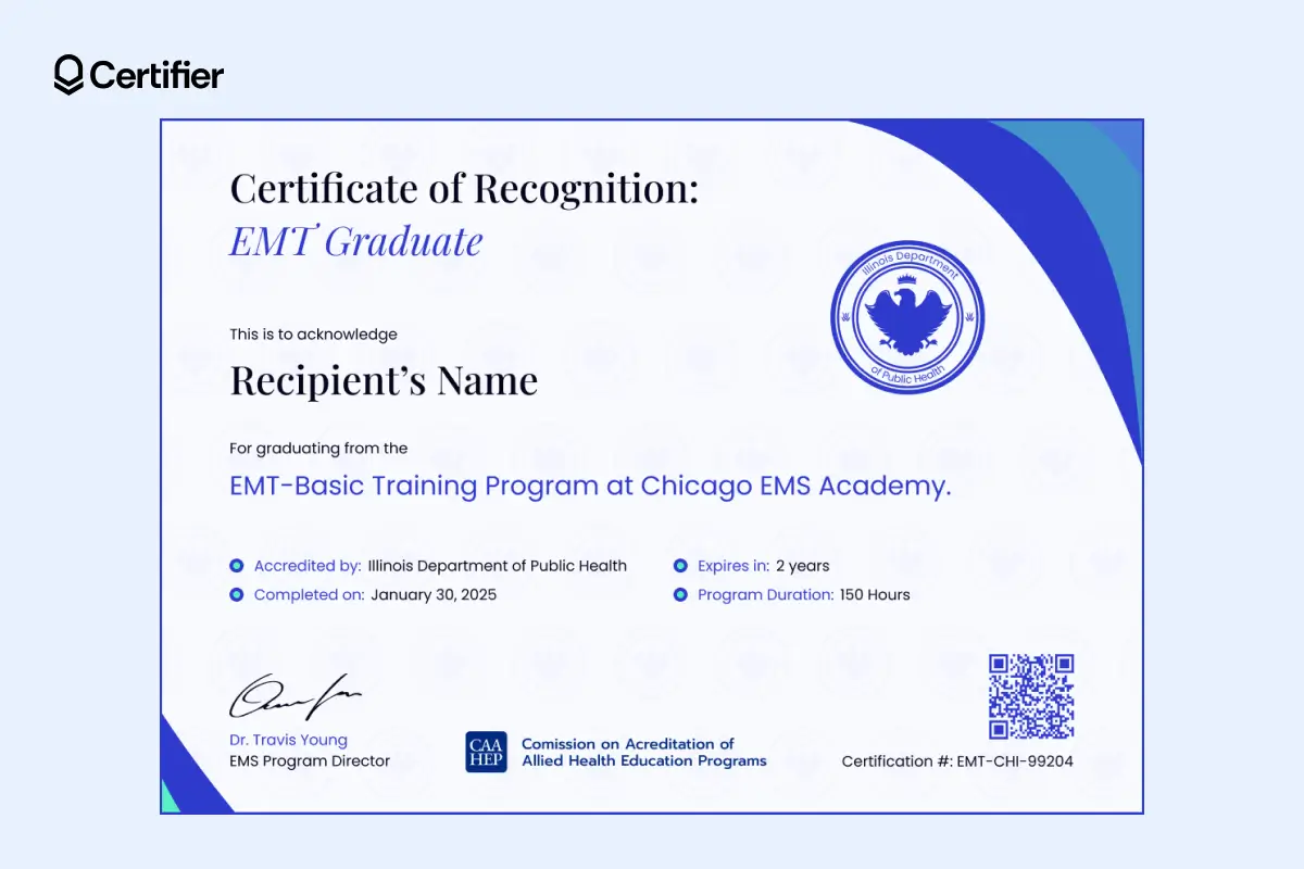 EMT certificate template PDF of recognition with accreditation stamps, featuring blue tones; ideal to use as a blank EMT certification card for EMS training centers. EMT certificate template PDF of recognition with accreditation stamps, featuring blue tones; ideal to use as a blank EMT certification card for EMS training centers.
