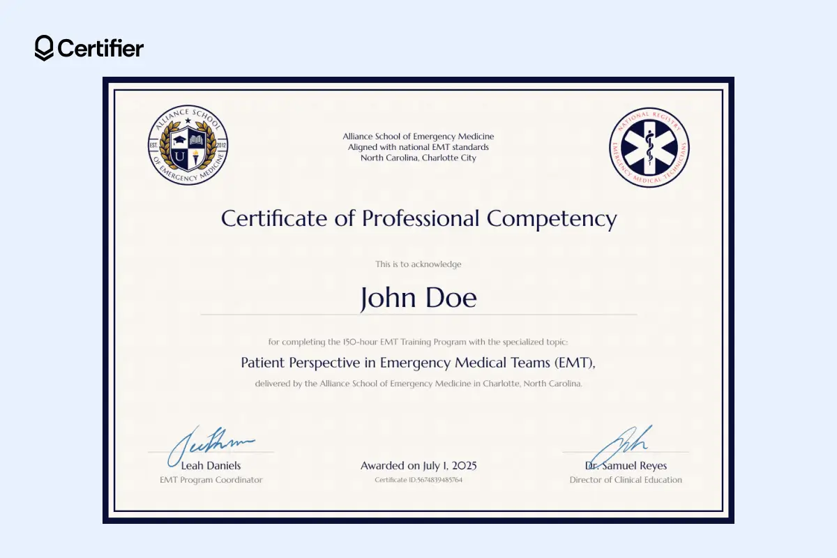 Blank EMT certificate template Word with professional layout and personalized content area, ready to issue in Google Workspace Marketplace. Blank EMT certificate template Word with professional layout and personalized content area, ready to issue in Google Workspace Marketplace.