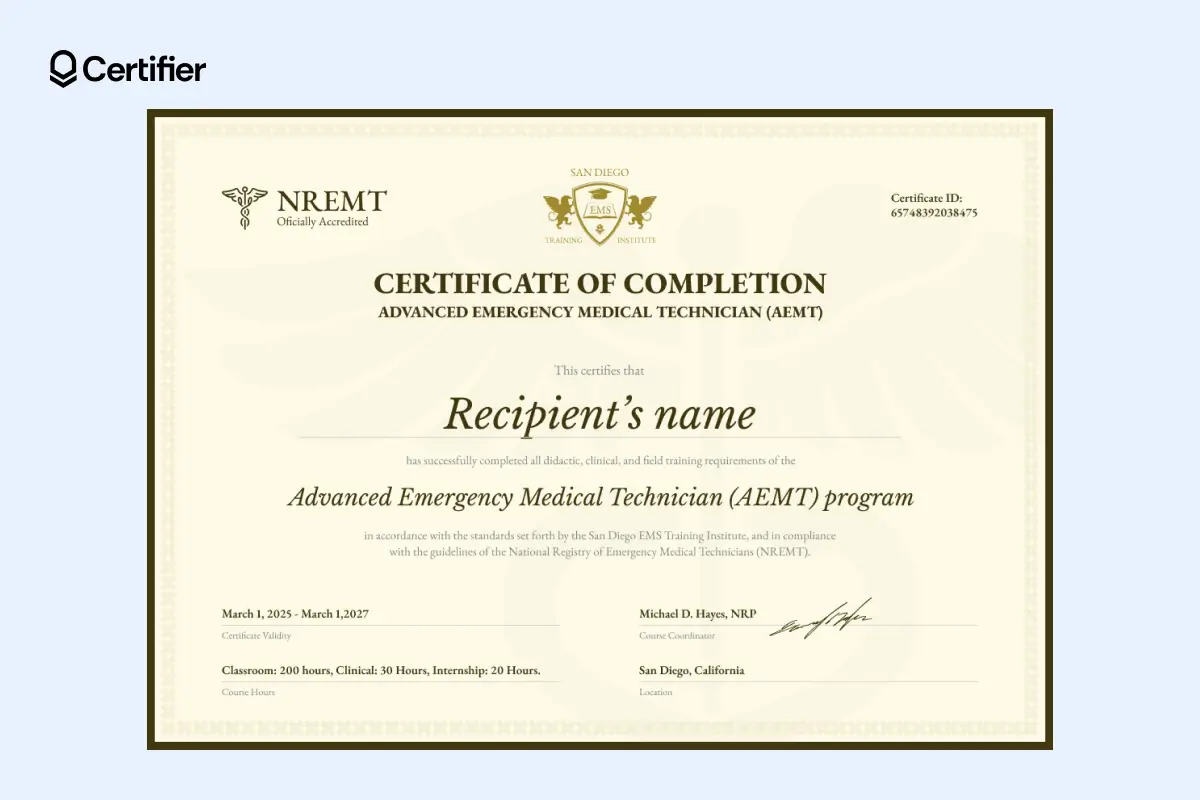 EMT certificate template free download with light background and gold borders, issued for an AEMT program in San Diego. EMT certificate template free download with light background and gold borders, issued for an AEMT program in San Diego.