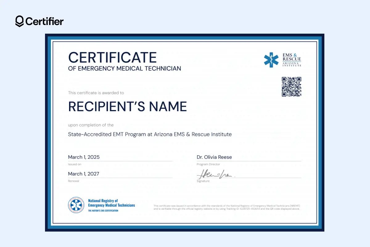 EMT certificate sample with blue stripe design and digital verification QR code, certified by the EMS Institute. EMT certificate sample with blue stripe design and digital verification QR code, certified by the EMS Institute.