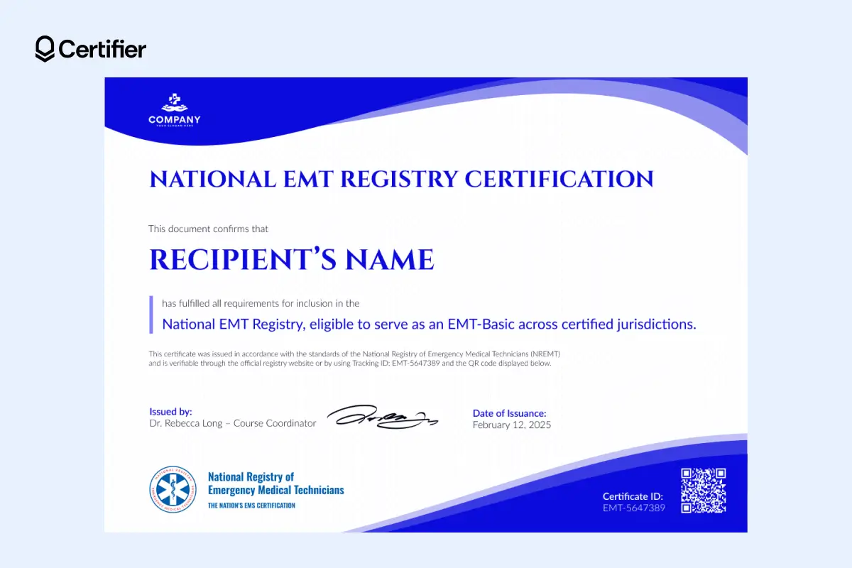 National EMT registry certificate with wavy blue header, issued in 2025 and including QR-based EMT certificate verification. National EMT registry certificate with wavy blue header, issued in 2025 and including QR-based EMT certificate verification.