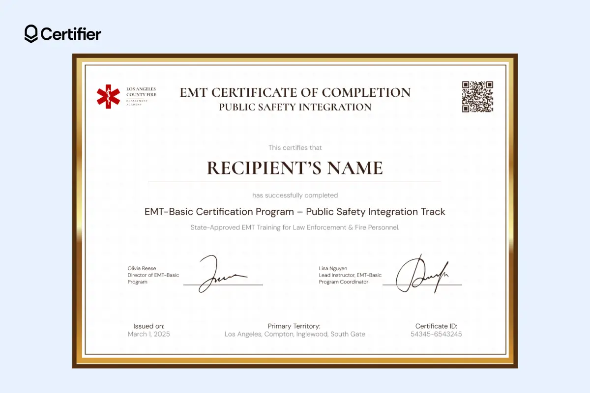 EMT certificate template free download from an EMS academy, includes public safety integration and gold trim. EMT certificate template free download from an EMS academy, includes public safety integration and gold trim.