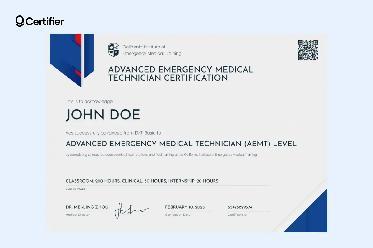 EMS certificate template with navy frame and grey background, issued by a medical company, state-accredited. EMS certificate template with navy frame and grey background, issued by a medical company, state-accredited.