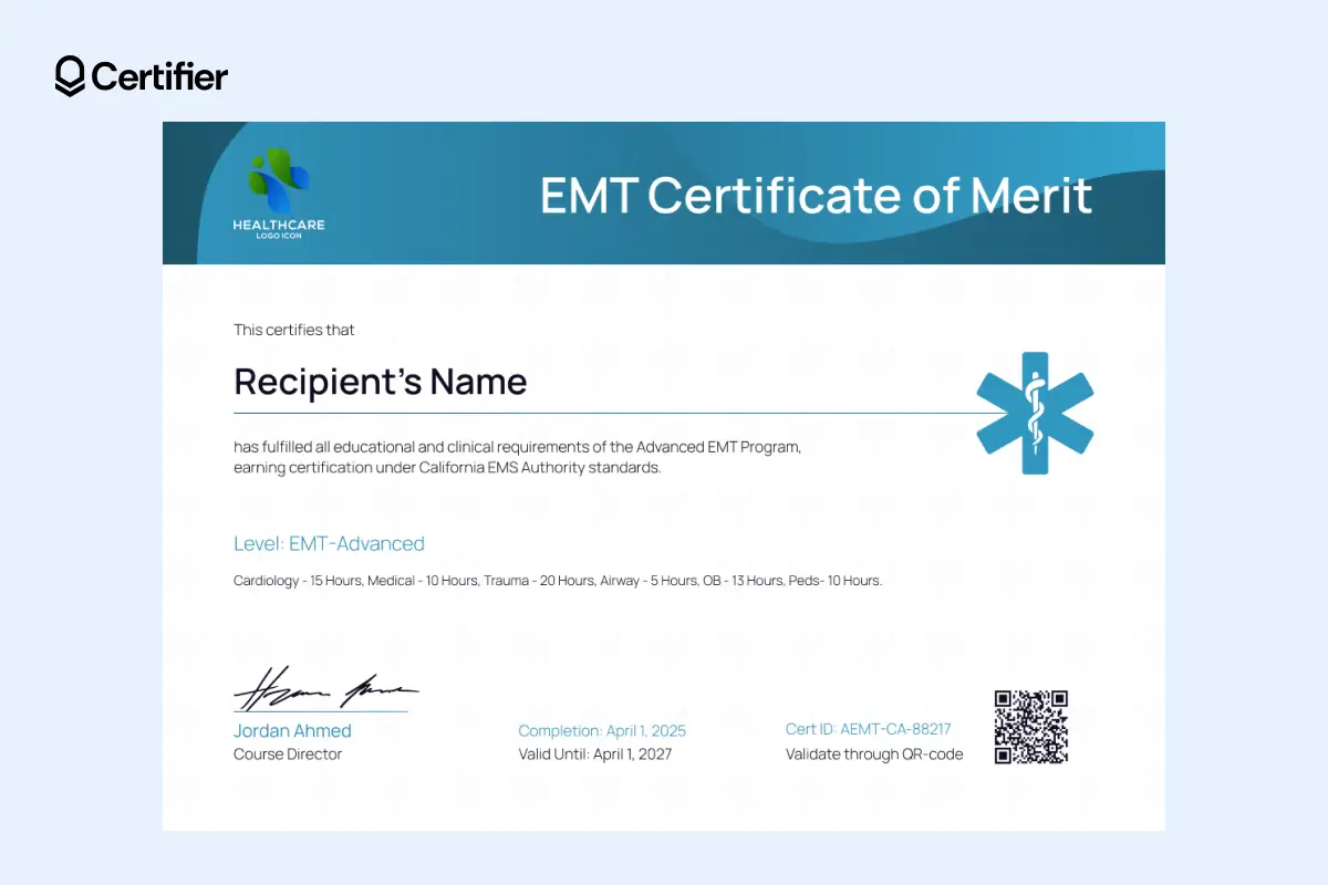 Blank EMT certificate Word-style layout with elegant blue-and-white theme, highlighting recipient name and certification scope. Blank EMT certificate Word-style layout with elegant blue-and-white theme, highlighting recipient name and certification scope.