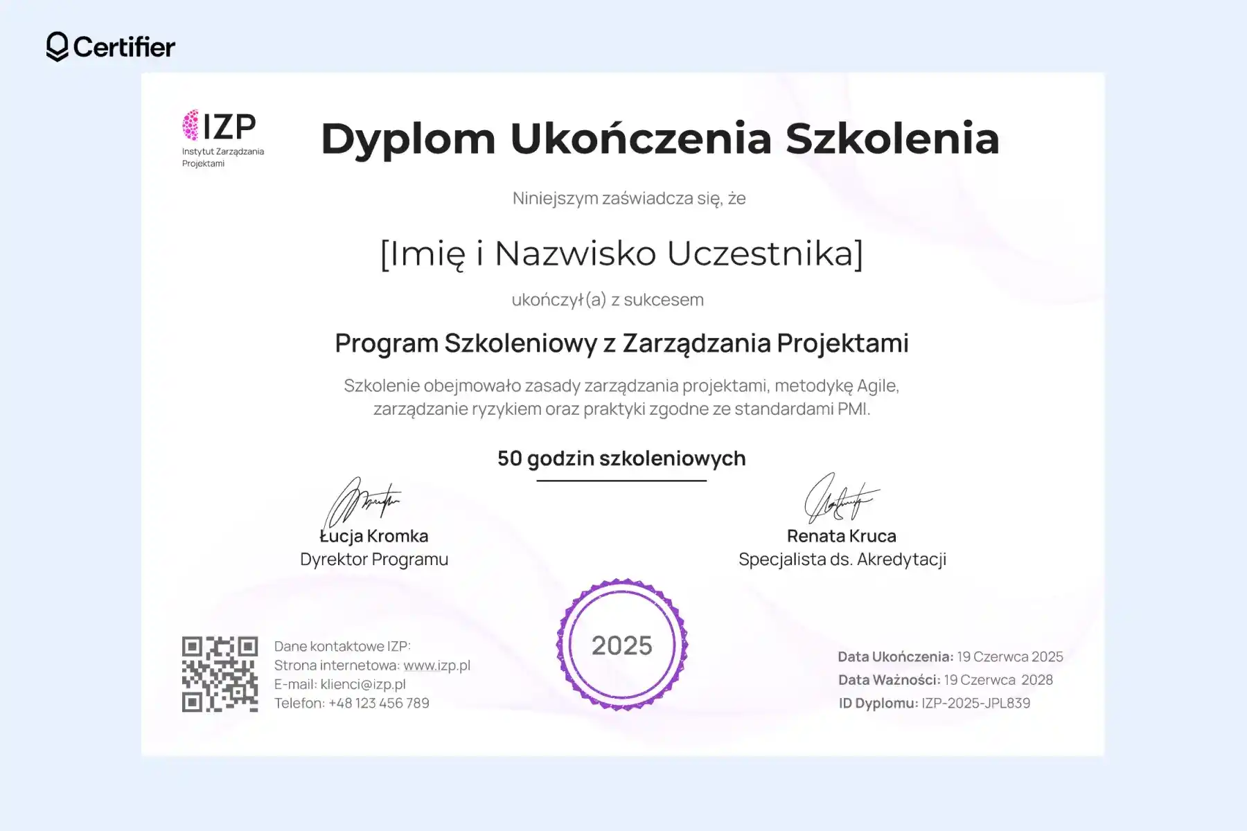 Nowoczesny dyplom ukończenia szkolenia szablon z logo Instytutu Zarządzania Projektami i pieczęcią z 1964 roku, przyznawany po kursie z metodyki Agile i zarządzania ryzykiem. Nowoczesny dyplom ukończenia szkolenia szablon z logo Instytutu Zarządzania Projektami i pieczęcią z 1964 roku, przyznawany po kursie z metodyki Agile i zarządzania ryzykiem.