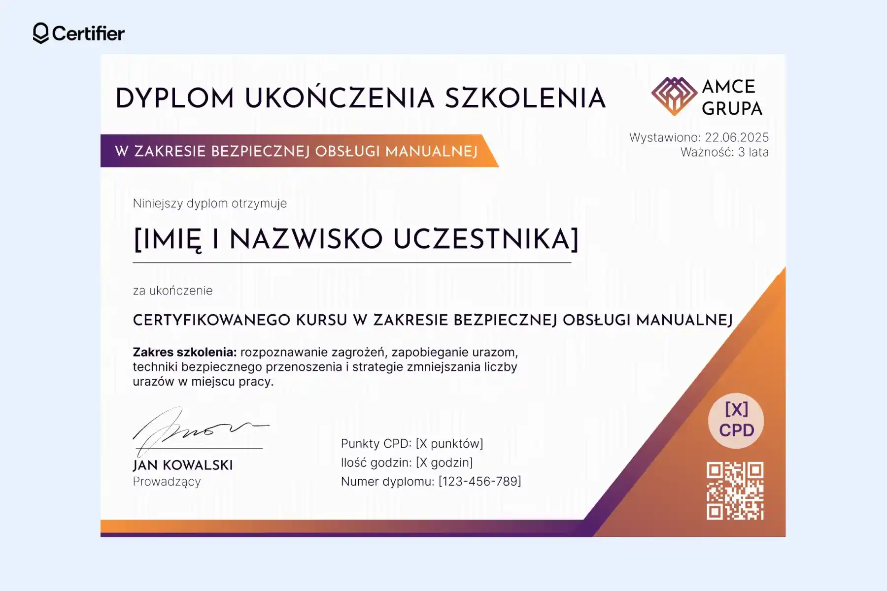 Dynamiczny dyplom ukończenia szkolenia wzór z geometrycznymi akcentami i logotypem AMCE Group, przeznaczony dla osób kończących kurs przenoszenia przedmiotów. Dynamiczny dyplom ukończenia szkolenia wzór z geometrycznymi akcentami i logotypem AMCE Group, przeznaczony dla osób kończących kurs przenoszenia przedmiotów.