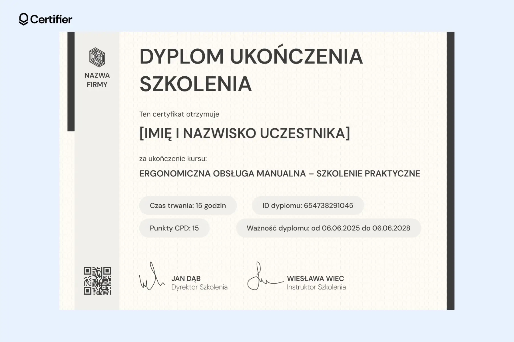 Minimalistyczny dyplom ukończenia szkolenia szablon z kodem QR, podpisami instruktorów i informacją o punktach CPD, dla uczestników kursu ergonomii pracy. Minimalistyczny dyplom ukończenia szkolenia szablon z kodem QR, podpisami instruktorów i informacją o punktach CPD, dla uczestników kursu ergonomii pracy.