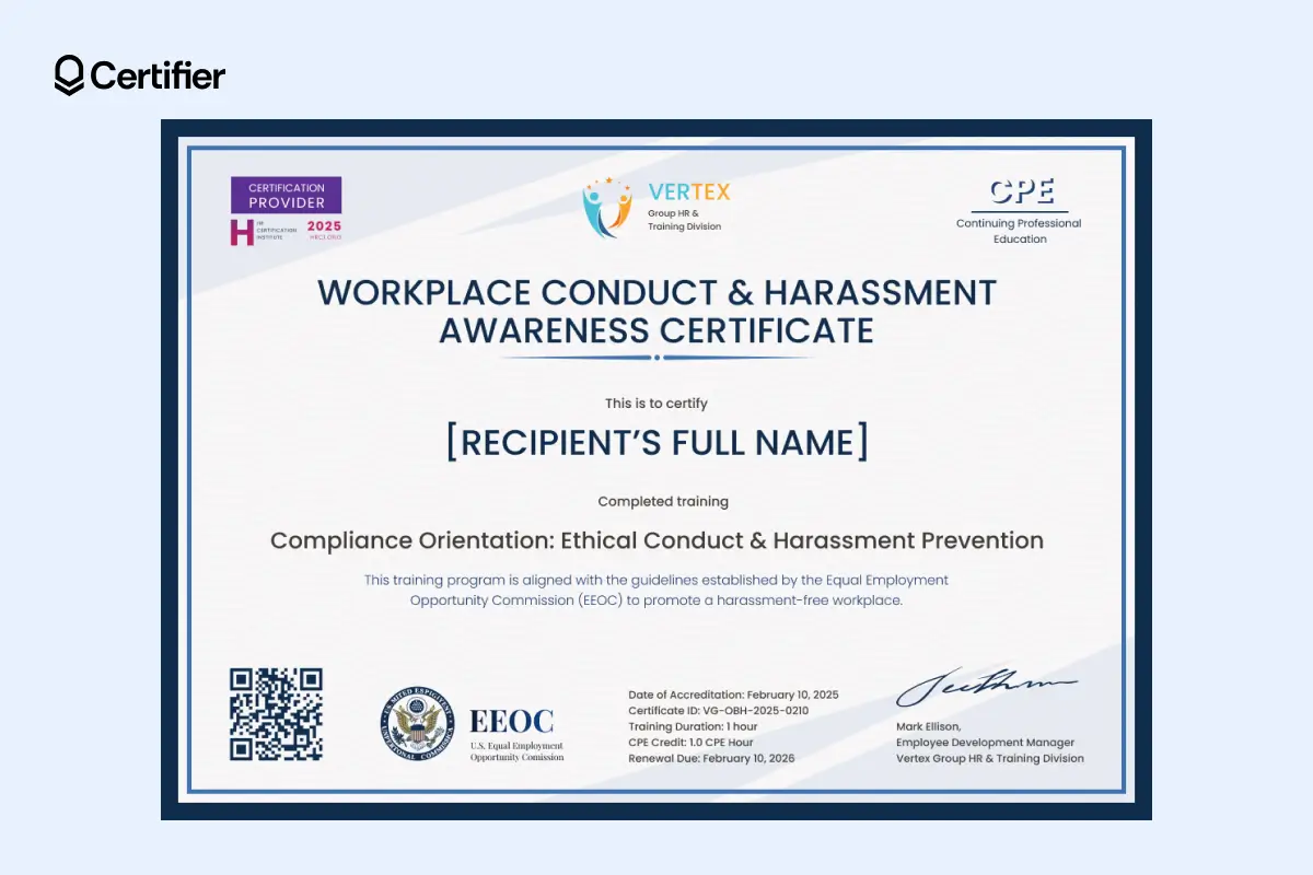 Sexual harassment certificate PDF template featuring compliance orientation, QR code, training length and workplace harassment certificate ID number. Sexual harassment certificate PDF template featuring compliance orientation, QR code, training length and workplace harassment certificate ID number.