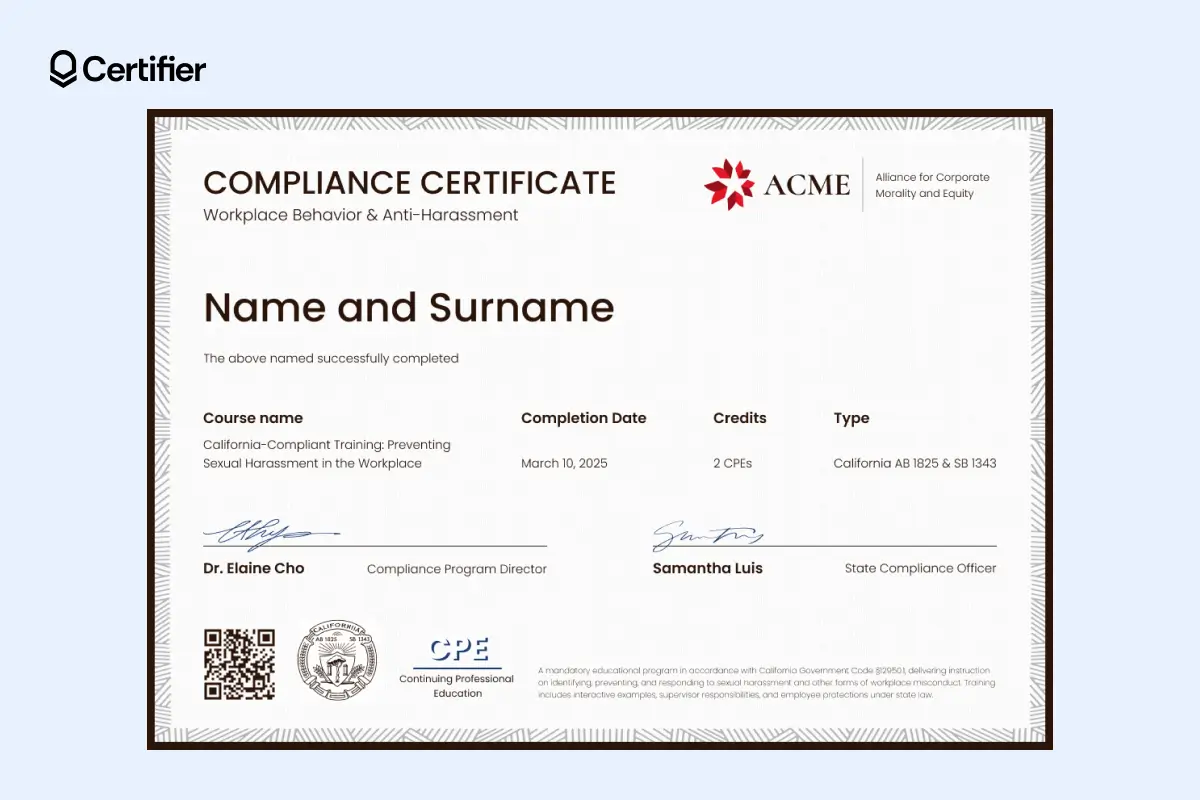 Sexual harassment certificate template Word format with CPE badge, virtual course details and structured footer fields; can be exported as a sexual harassment certificate PDF for better accessibility. Sexual harassment certificate template Word format with CPE badge, virtual course details and structured footer fields; can be exported as a sexual harassment certificate PDF for better accessibility.