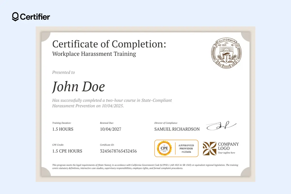 Sexual harassment certificate template Word confirming successful course completion with details on training hours, CPE credit, renewal date and an official signature that you can generate. Sexual harassment certificate template Word confirming successful course completion with details on training hours, CPE credit, renewal date and an official signature that you can generate.