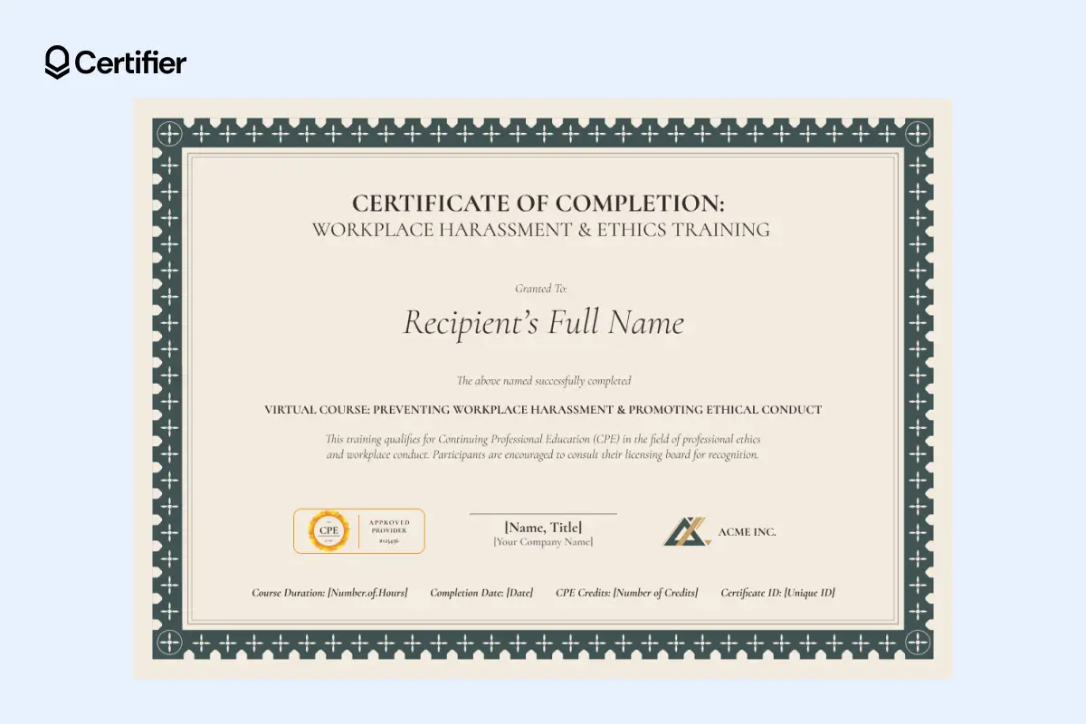 Sexual harassment training certificate template titled awarded for completing a virtual course; featuring icons, images, placeholders for name, hours, date and certificate; editable in browser. Sexual harassment training certificate template titled awarded for completing a virtual course; featuring icons, images, placeholders for name, hours, date and certificate; editable in browser.
