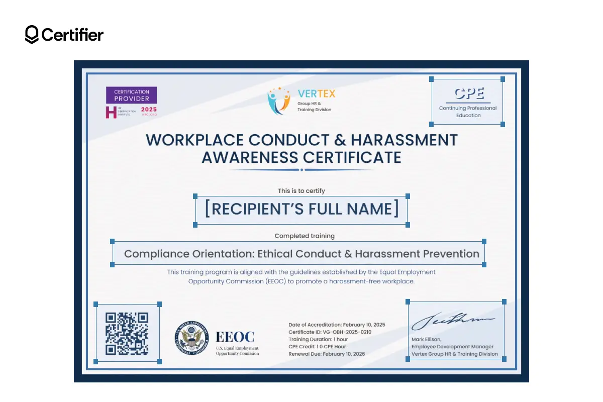 certificate of completion of sexual harassment training sample in blue tones and with editable elements: recipient’s name, CPE logo, QR code, signature and course title. certificate of completion of sexual harassment training sample in blue tones and with editable elements: recipient’s name, CPE logo, QR code, signature and course title.