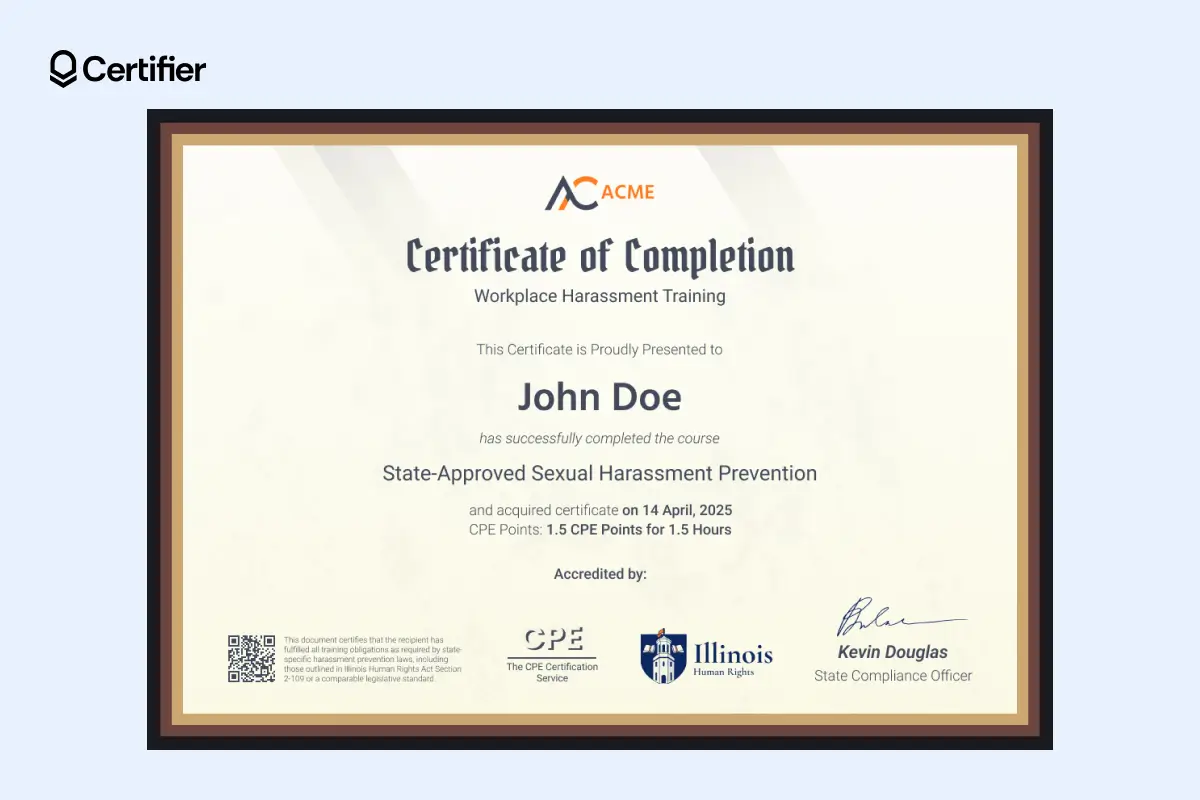 Sexual harassment certificate template Word and PDF with legal disclaimer, CPD credit and classic bordered design for compliance programs. Sexual harassment certificate template Word and PDF with legal disclaimer, CPD credit and classic bordered design for compliance programs.