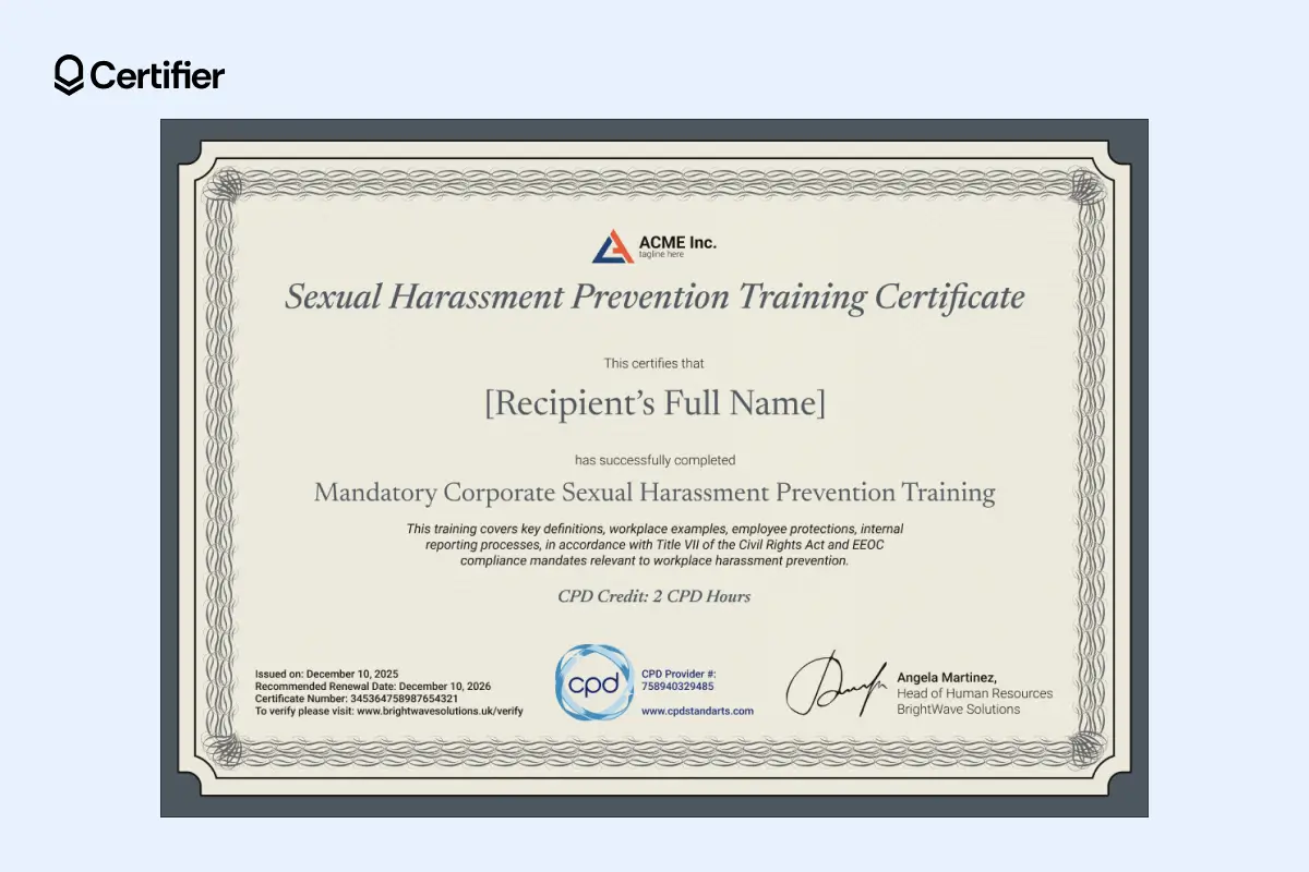 Sexual harassment training certificate template with a beige background and grey frame, showing workplace integrity course completion with training duration, renewal date and CPE credits. Sexual harassment training certificate template with a beige background and grey frame, showing workplace integrity course completion with training duration, renewal date and CPE credits.