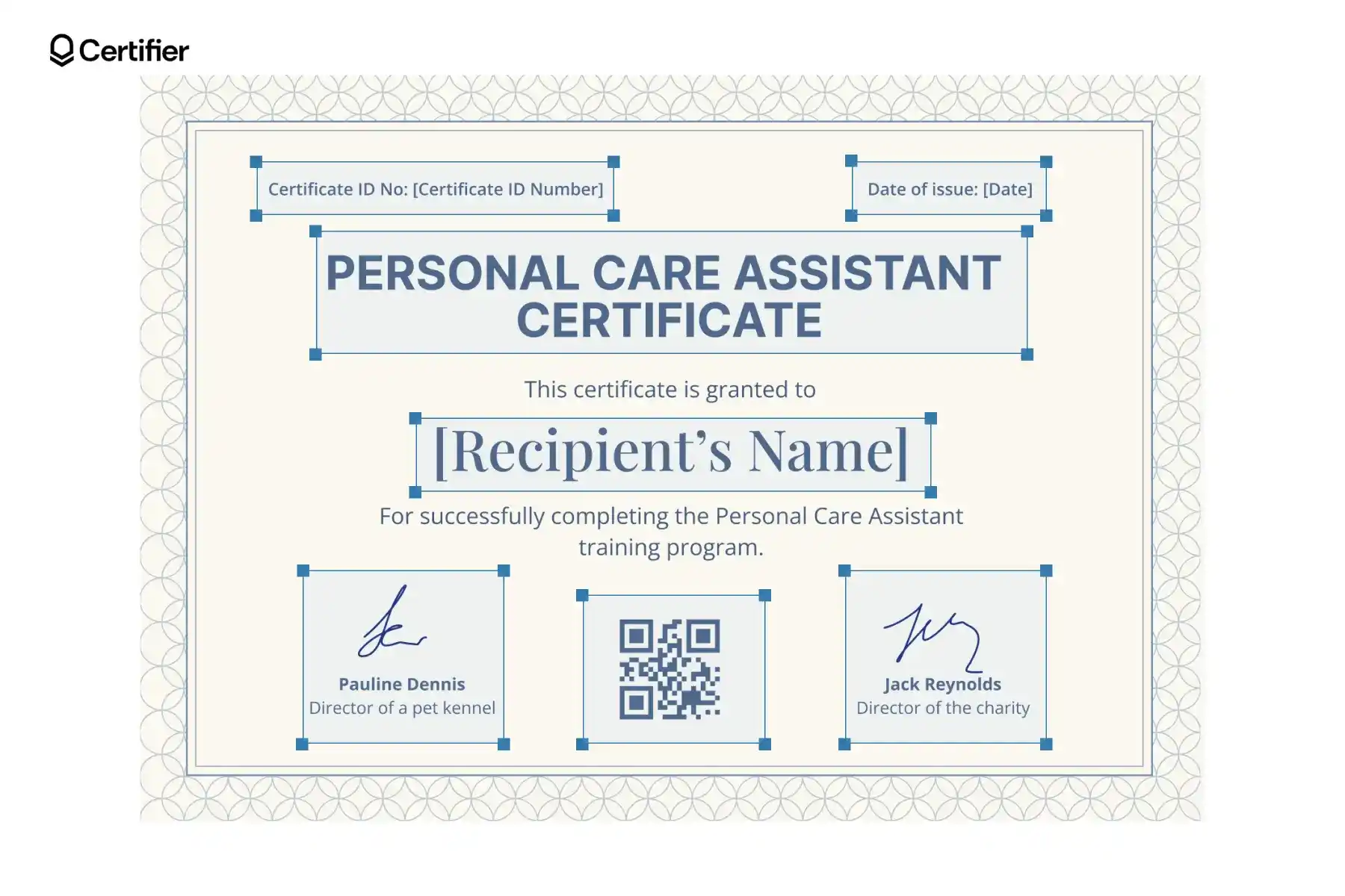 Printable PCA certificate with editable fields; it features a QR code, digital signatures and personal message. Printable PCA certificate with editable fields; it features a QR code, digital signatures and personal message.