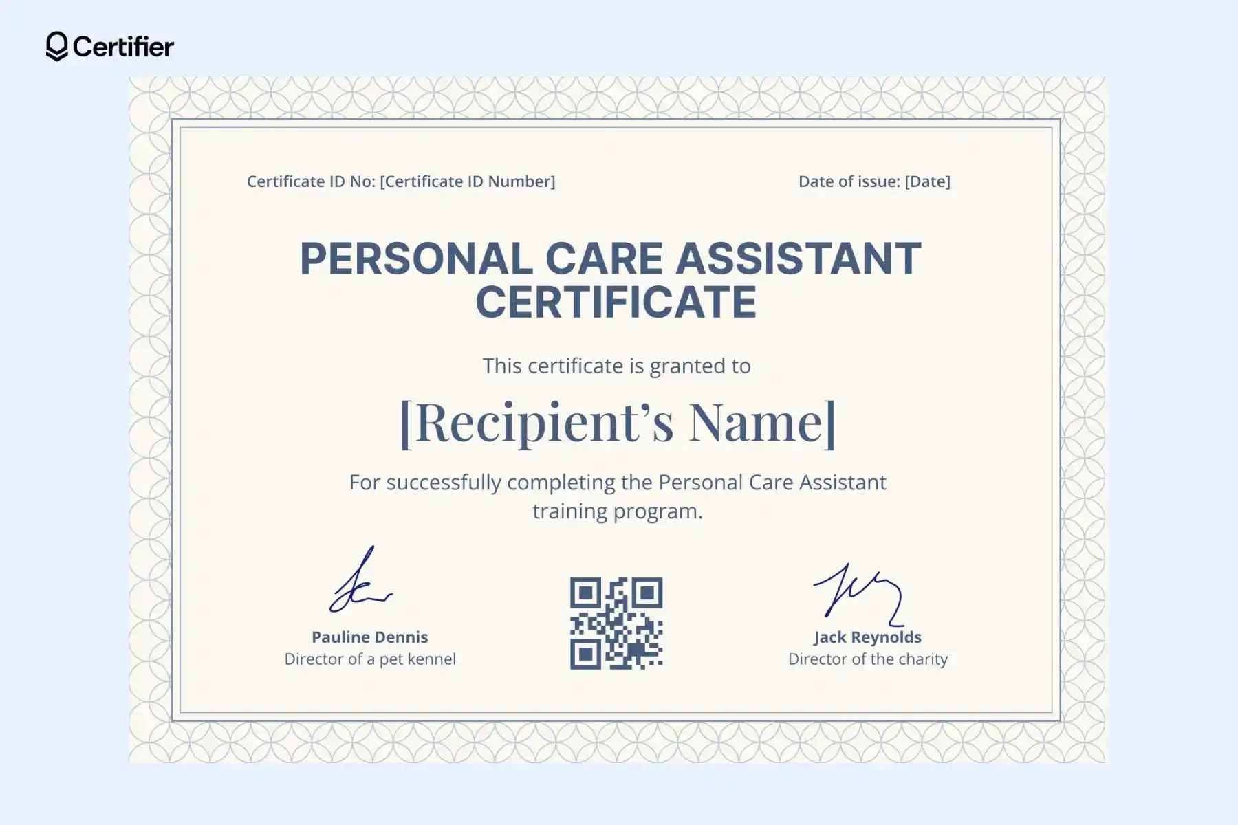Free PCA certificate template with simple blue border, QR code, certificate ID and signature spaces. Free PCA certificate template with simple blue border, QR code, certificate ID and signature spaces.