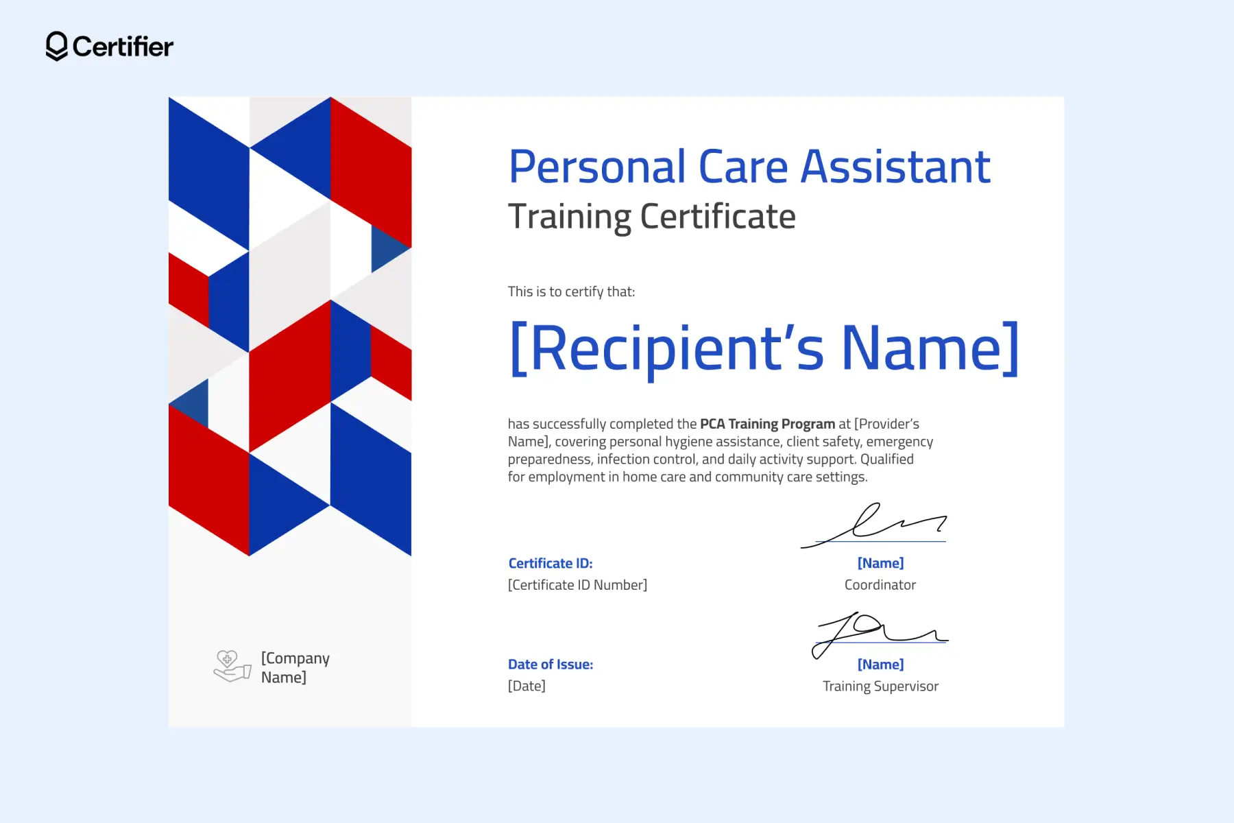 PCA training certificate download template with bold geometric red, blue and white accents, plus certificate number and instructor fields; suitable for training completion recognition. PCA training certificate download template with bold geometric red, blue and white accents, plus certificate number and instructor fields; suitable for training completion recognition.