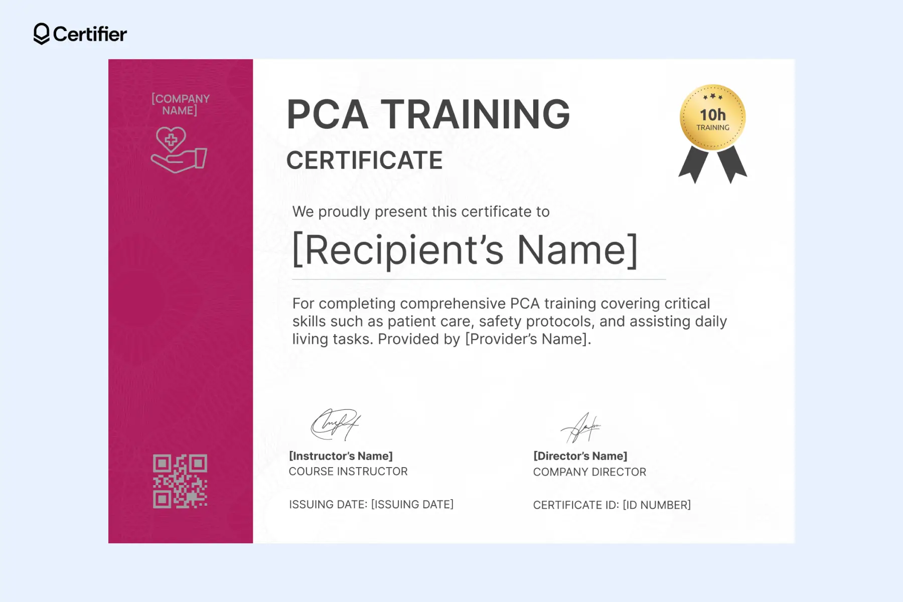 PCA training certificate download, magenta sidebar design for home care certificate template. PCA training certificate download, magenta sidebar design for home care certificate template.