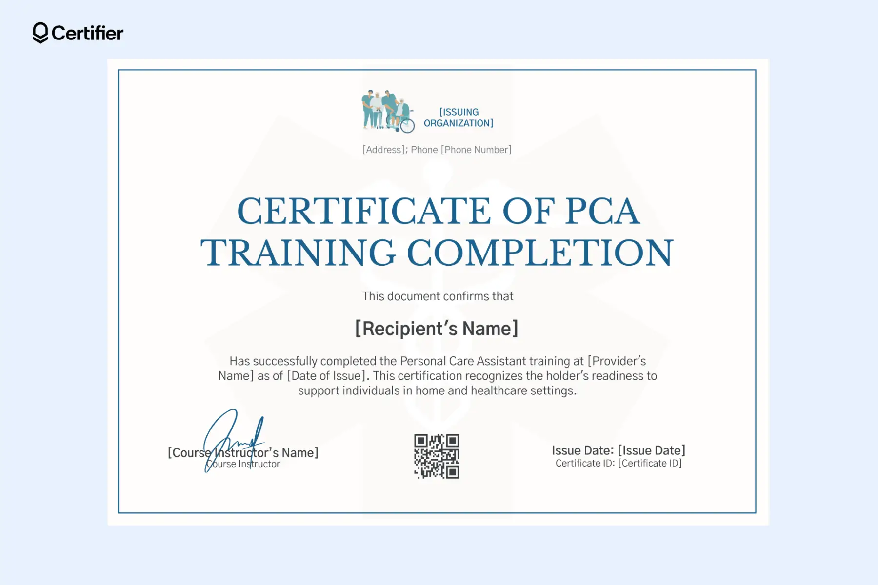 Certificate of PCA training completion template, blue border, healthcare icon, editable for PCA training Certificate of PCA training completion template, blue border, healthcare icon, editable for PCA training