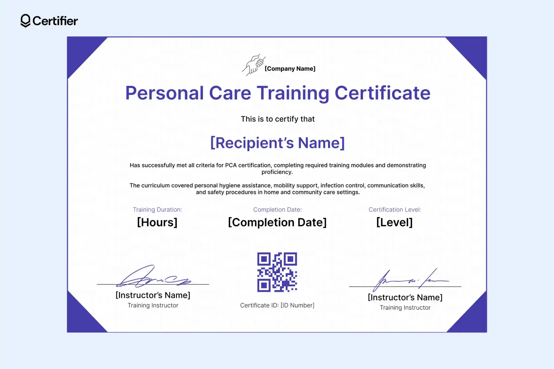 Personal care training certificate template with purple corners, QR code and signature fields. Personal care training certificate template with purple corners, QR code and signature fields.