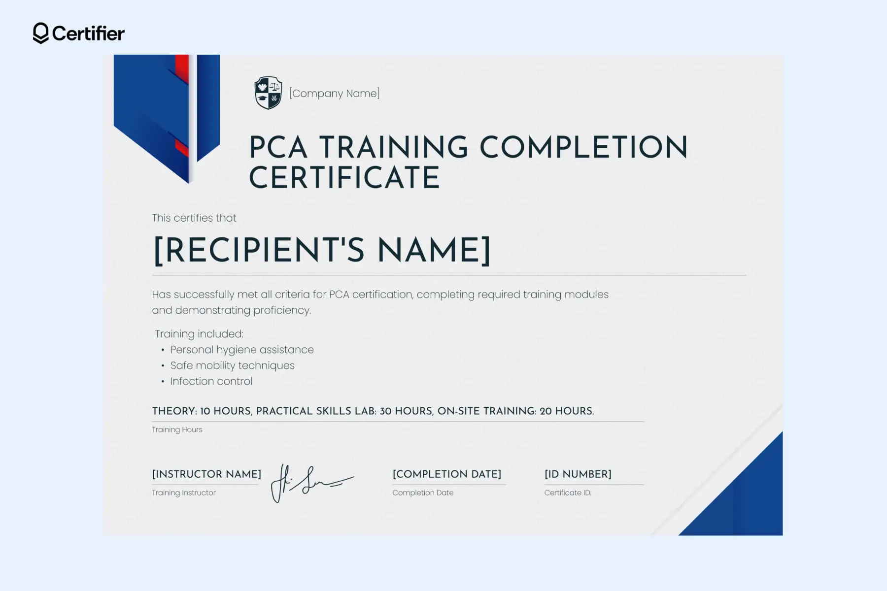 PCA certification for employment template with blue and red geometric banner, hours breakdown and signature row; sign it with a signature generator. PCA certification for employment template with blue and red geometric banner, hours breakdown and signature row; sign it with a signature generator.