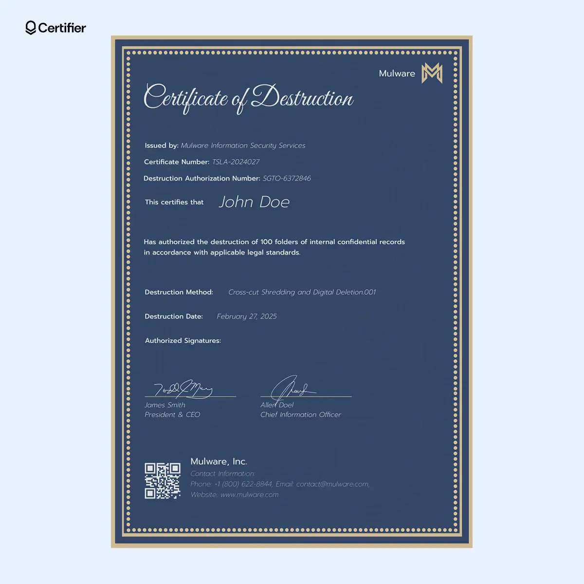 Dark blue certificate of destruction shredding template with a QR code, dotted frame and elegant fonts; this certificate of data destruction template UK includes destruction methods, authorized signatures and a logo. Dark blue certificate of destruction shredding template with a QR code, dotted frame and elegant fonts; this certificate of data destruction template UK includes destruction methods, authorized signatures and a logo.