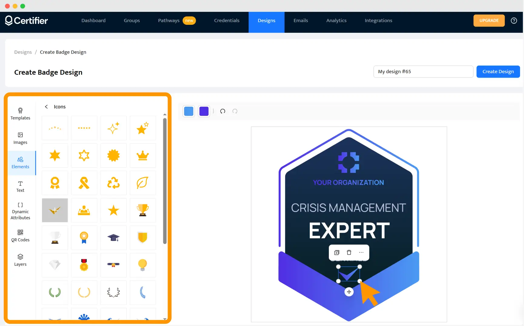 Certifier’s badge creator interface showcasing icons and layout tools, used to design open badge credentials compliant with the open badges specification. Certifier’s badge creator interface showcasing icons and layout tools, used to design open badge credentials compliant with the open badges specification.