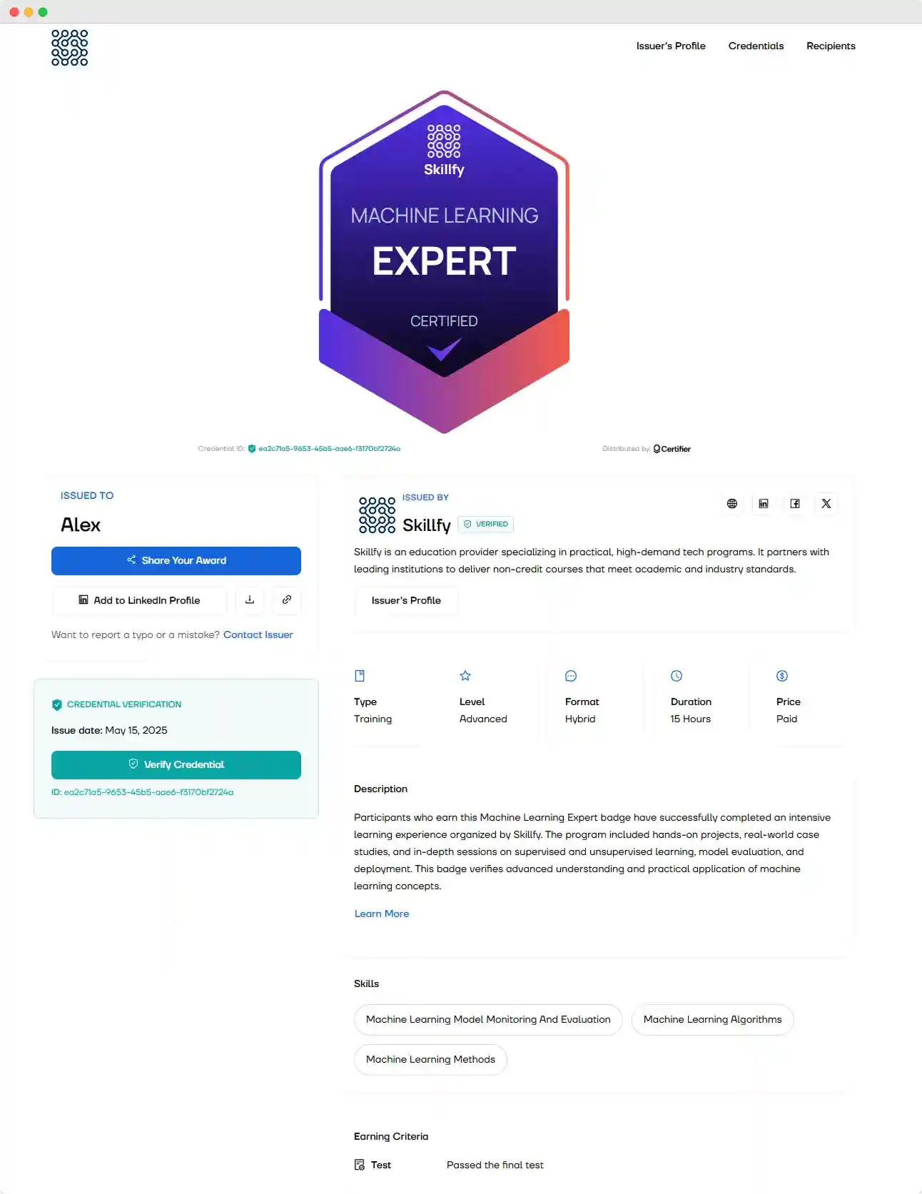 Certifier’s digital wallet page with a machine learning badge and detailed metadata, built in alignment with the open badges v2.0 and open badges standard 3.0. Certifier’s digital wallet page with a machine learning badge and detailed metadata, built in alignment with the open badges v2.0 and open badges standard 3.0.